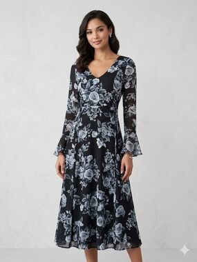 blue winter tapestry long sleeve maxi dress Carnation Long Sleeve Knit Maxi Dress